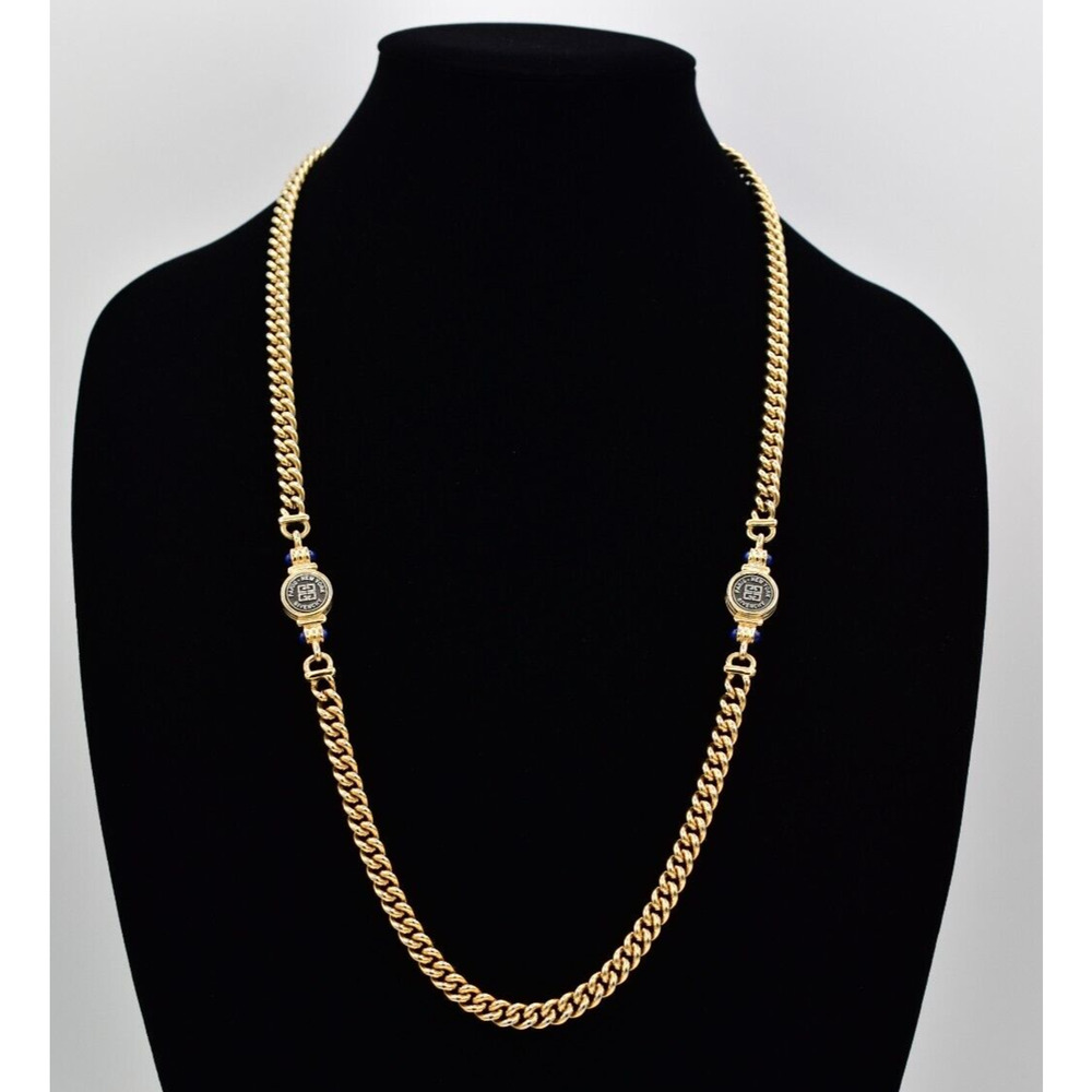 Givenchy Vintage Logo Coin Necklace Blue Cabochon Gold Station Chain 1980s BinBJ - Picture 2 of 12